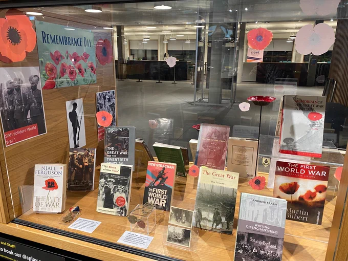 Image shows a section of the library’s Remembrance book display