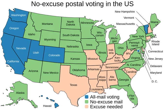 image from Wikipedia/Timeshifter: No-excuse postal voting map of the US https://commons.wikimedia.org/wiki/File:No-excuse_postal_voting_map_of_the_US.svg 