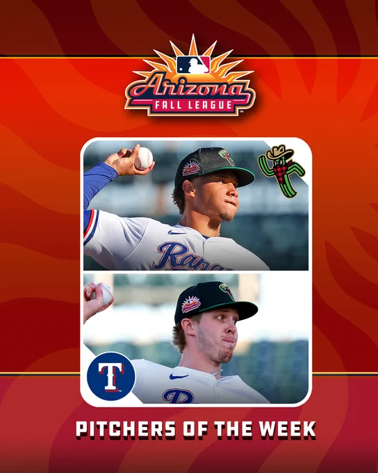 MLB
ARIZONA
FALL LEAGUE

Images of Leandro Lopez and Josh Stephan in white Rangers jerseys
Texas Rangers and Surprise Saguaros logos

PITCHERS OF THE WEEK