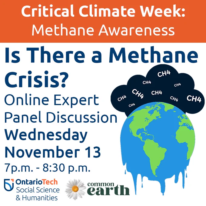 A poster promoting an online panel discussion on the methane crisis. Made by Ontario Tech University.