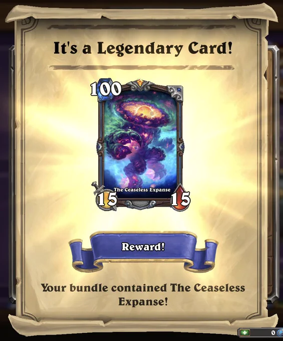 “It’s a Legendary Card!” Pop-up in Hearthstone showing a Signature Ceaseless Expanse