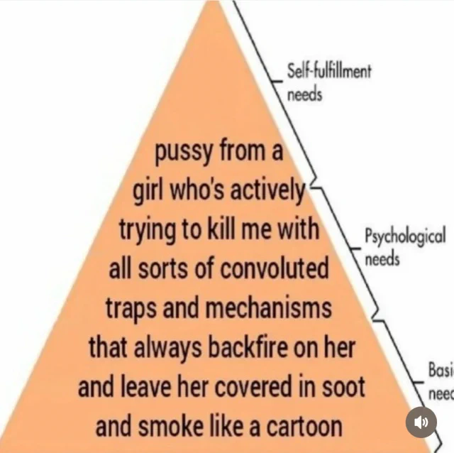 maslow's hierarchy of needs triangle but the entire thing is one color and says "pussy from a girl who's actively trying to kill me with all sorts of convoluted traps and mechanisms that always backfire on her and leave her covered in soot and smoke like a cartoon"