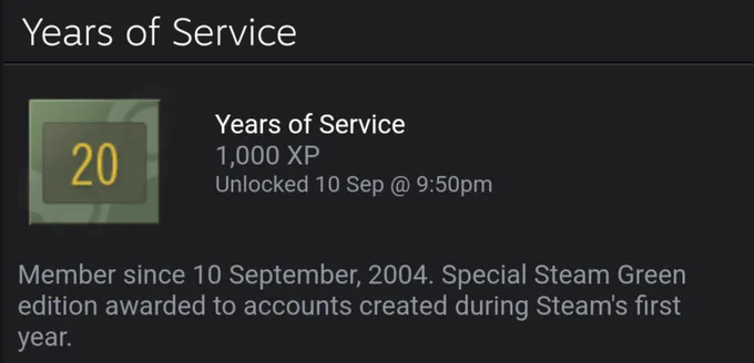 Steam 20 years of service badge