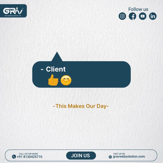 "Making our clients smile, one project at a time."

𝐅𝐎𝐑 𝐌𝐎𝐑𝐄👇
📞 𝟗𝟏 𝟖𝟏𝟑𝟎𝟒𝟐𝟓𝟕𝟏𝟎, 𝟖𝟖𝟎𝟎𝟖𝟕𝟑𝟎𝟓𝟔

www.gravwebsolution.com

 
#clientlove #clientsatisfaction #happyclients #digitalmarketing #webdesign #webdevelopment #gravwebsolution