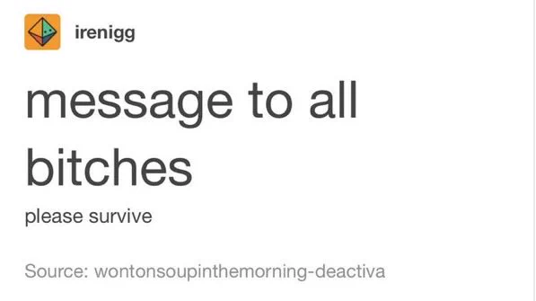 Screenshot of a Tumblr post from user name irenigg:
message to all bitches                                     please survive