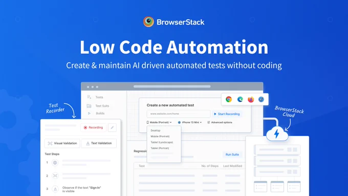 BrowserStack Low Code Automation banner with a blue background. Text at the top reads 'Low Code Automation - Create & maintain AI-driven automated tests without coding.' The image highlights three key features of BrowserStack's Low Code Automation tool: 'Test Recorder' for easy test creation, 'Device Compatibility' across desktop and mobile, and 'BrowserStack Cloud' integration for seamless test execution.