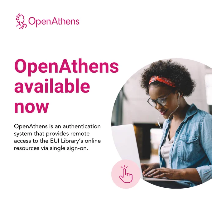 OpenAthens available now. OpenAthens is an authentication system that provides remote access to the EUI Library’s online resources via single sign-on. Image of a person using a laptop.