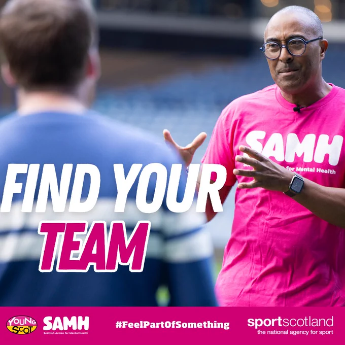 Colin Jackson wears a pink SAMH shirt, with text: "Find your team"