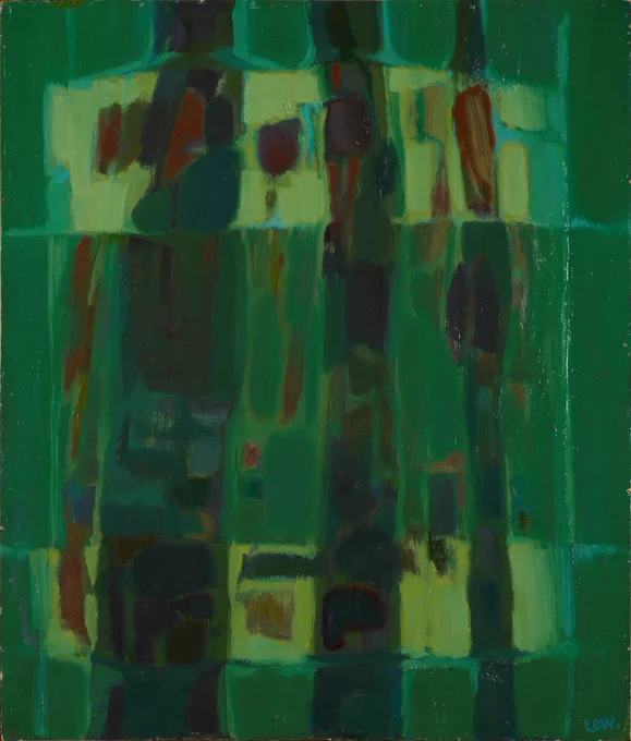 Abstract oil painting dating to 1961. The title of Green Place may refer to dense woodland. A series of vertical elongated shapes of uneven width are portrayed in blocks of colours of pale yellow near the top and bottom of the image with streaks of brown against green. Three darker columns, from wide to narrow, of bluish-grey, appear in between.