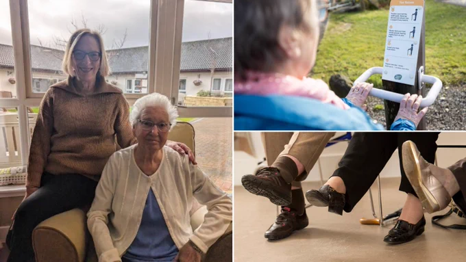 A montage of images including, left Irene, with shorter white hair and wearing a white cardigan, sits in an armchair accompanied by her smiling daughter Alyson. The grounds of a care home can be seen outside a window behind them; and right, top: a woman performing a Strength and Balance exercise outdoors while she holds onto the handrail of a panel, and below: the raised lower legs and feet of a group of people performing a Strength and Balance exercise. 