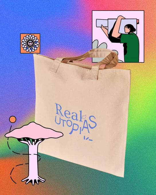 A photo of a tote bag with a Real Utopias logo design on it in blue, against a rainbow gradient background. Some illustrations of flowers, trees, and a video camera are dotted around the image.