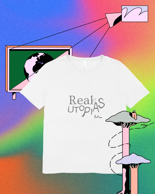 A photo of a white t-shirt with a Real Utopias logo design on it in grey, against a rainbow gradient background. Some illustrations of trees and a projector and screen are dotted around the image.