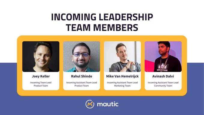 Graphic featuring a headshot of Joey Keller, Rahul Shinde, Mike Van Hemelrijck, and Avinash Dalvi, identified as incoming leadership team members. The text "Incoming Leadership Team Members" is displayed at the top, with a logo for Mautic at the bottom.