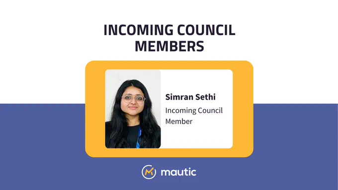 Graphic featuring a headshot of Simran Sethi, identified as an incoming council member. The text "Incoming Council Members" is displayed at the top, with a logo for Mautic at the bottom.