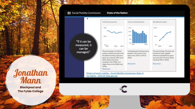 An image from the social mobility commission, showing graphs of childhood poverty, youth unemployment and broadband speed. It says "if it can be measured, it can be managed".