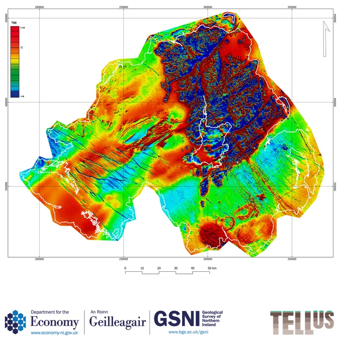 A map of Northern Ireland showing the total magnetic intensity anomaly.