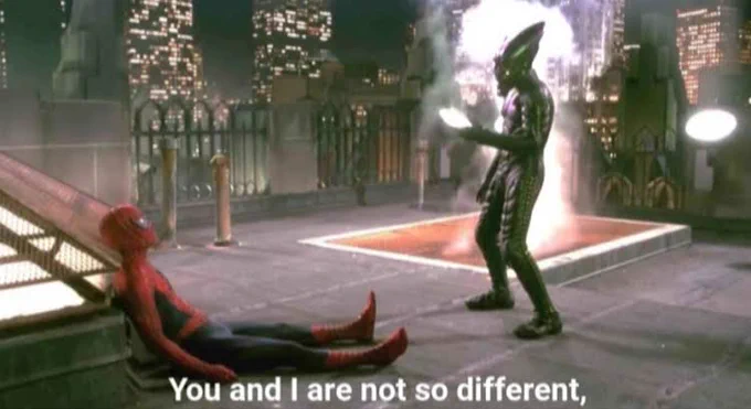 Spiderman scene where green goblin is pointing at a laid out spidy "You and I are not so different"