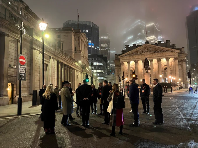 The Early Morning Rehearsal for The Lord Mayor’s Show. City workers were treated to the unexpected sight of the Lord Mayor’s golden State Coach and six horses making their way along the darkened streets around Guildhall, Bank Junction, Cheapside, and St. Paul’s Cathedral this morning. 