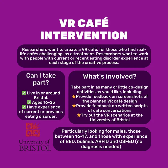 Purple background with white text. Title reads 'VR Café Intervention'. Text below, split into darker purple boxes reads 'Researchers want to create a VR café, for those who find real-life cafés challenging, as a treatment. Researchers want to work with people with current or recent eating disorder experience at each stage of the creative process.' 'Can I take part? Live in or around Bristol. Aged 16-25. Have experience of current or previous eating disorder.' 'What’s involved? Take part in as many or little co-design activities as you’d like, including: Provide feedback on screenshots of the planned VR café design. Provide feedback on written scripts of café conversations. Try out the VR scenarios at the University of Bristol.' 'Particularly looking for males, those between 16-17, and those with experience of BED, bulimia, ARFID and OSFED (no diagnosis needed)'. In the bottom right corner is the University of Bristol logo.