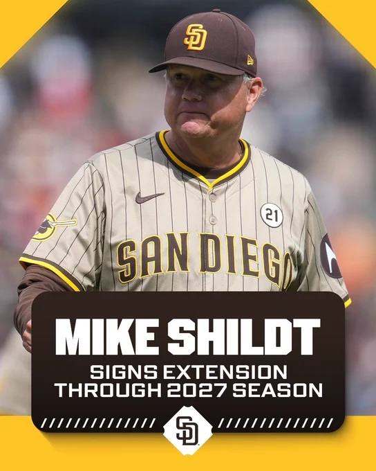 Mike Shildt signs extension through 2027 season
San Diego Padres
Pictured: Shildt wears a tan-colored Padres jersey and a brown cap.