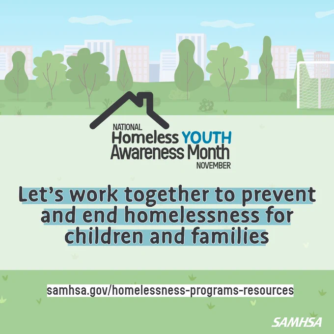 National Homeless Youth Awareness Month against a simplistic park scene. text: Let’s work together to prevent and end homelessness for 
children and families