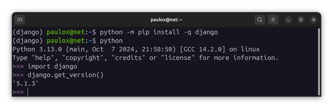 Terminal with executed command of installing Django 5.1.3, in a Python 3.13 virtual environment.