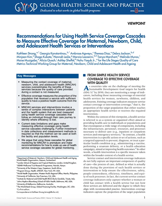 Using Health Service Coverage Cascades to Measure MNCAH Effective Coverage