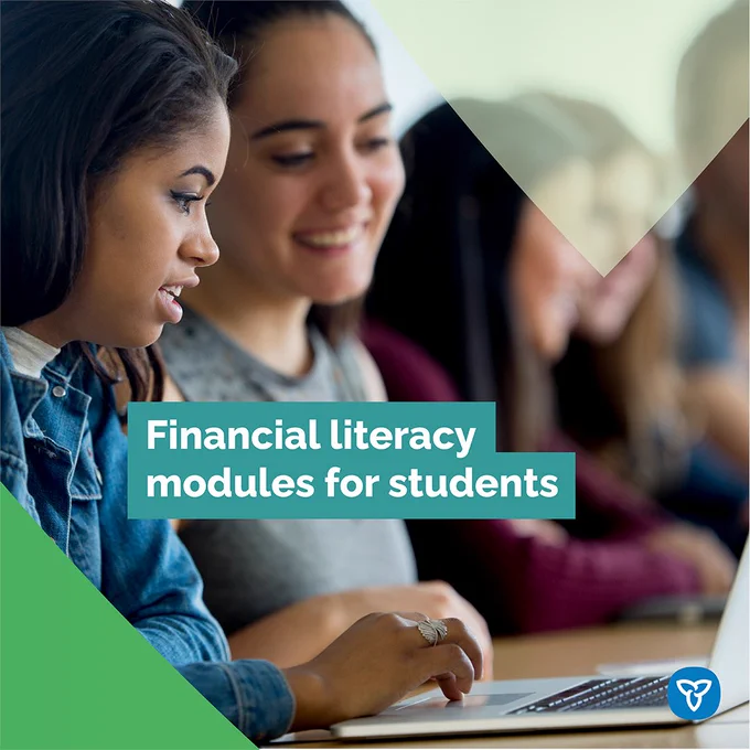 Two students working on a financial model on a laptop.
Text reads: Financial literacy modules for students
