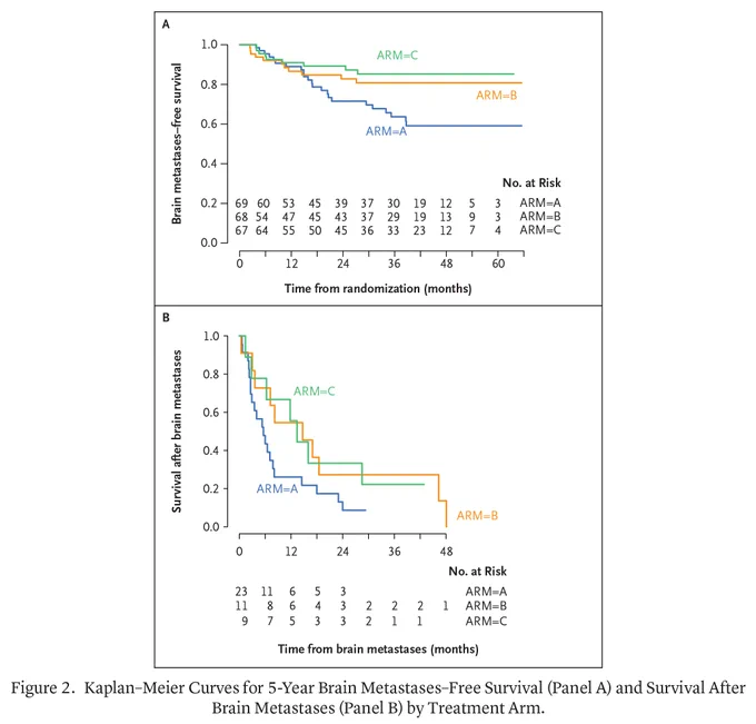 Figure 2. Kaplan–Meier Curves for 5-Year Brain Metastases–Free Survival (Panel A) and Survival After Brain Metastases (Panel B) by Treatment Arm.