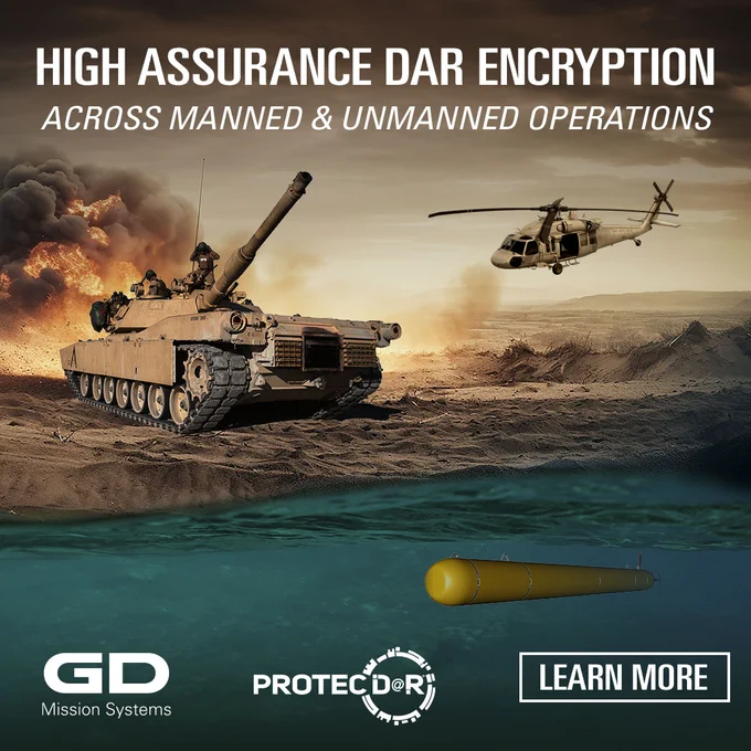 Advertisement for General Dynamics Mission Systems featuring high assurance DAR encryption. Illustration shows a tank and a helicopter in a combat scenario with an explosion in the background. The logo of General Dynamics and the text 'ProtectD@r' are visible. 