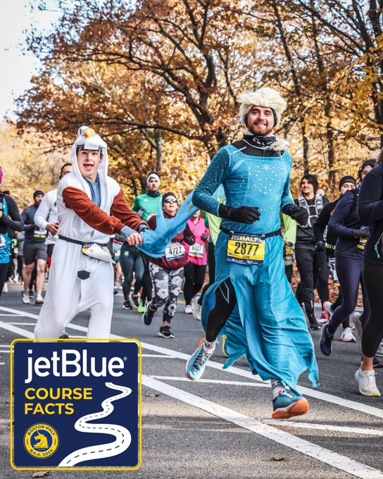 Four images featuring two 2023 Boston Half participants running the course dressed as Frozen’s Anna and Elsa