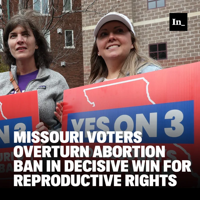 A photo of Lauren Vernaci and Lea Chandler holding Proposition 3 signs outside a polling location on November 5, 2024, in Kansas City, Missouri, overlaid with the headline, "Missouri Voters Overturn Abortion Ban in Decisive Win for Reproductive Rights."