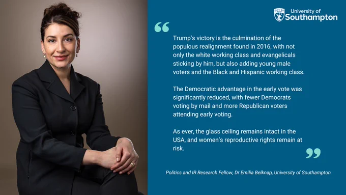 Woman with dark hair and wearing a dark grey jacket and trousers sitting cross-legged and facing the camera. Dr Emilia Belknap says: "Trump’s victory is the culmination of the populous realignment found in 2016, with not only the white working class and evangelicals sticking by him but also adding young male voters and the Black and Hispanic working class. The Democratic advantage in the early vote was significantly reduced, with fewer Democrats voting by mail and more Republican voters attending early voting. As ever, the glass ceiling remains intact in the USA, and women’s reproductive rights remain at risk." 