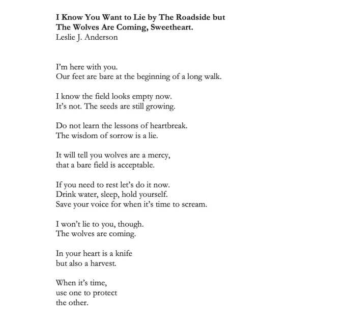 I Know You Want to Lie by The Roadside but 
The Wolves Are Coming, Sweetheart.
Leslie J. Anderson


I’m here with you.
Our feet are bare at the beginning of a long walk.

I know the field looks empty now.
It’s not. The seeds are still growing.

Do not learn the lessons of heartbreak.
The wisdom of sorrow is a lie.

It will tell you wolves are a mercy,
that a bare field is acceptable.

If you need to rest let’s do it now.
Drink water, sleep, hold yourself.
Save your voice for when it’s time to scream.

I won’t lie to you, though.
The wolves are coming.

In your heart is a knife
but also a harvest.

When it’s time,
use one to protect
the other.
