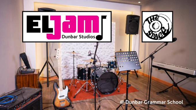 Picture of a rehearsal studio with drums, guitar, keys and microphones plus logosfor ELJam and theSpace