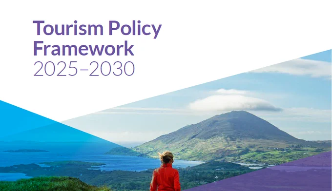 On a white background, purple copy reads 'Tourism Policy Framework 2025 - 2030'. A person views a rural landscape with a crisscrossing blue and purple gradient.