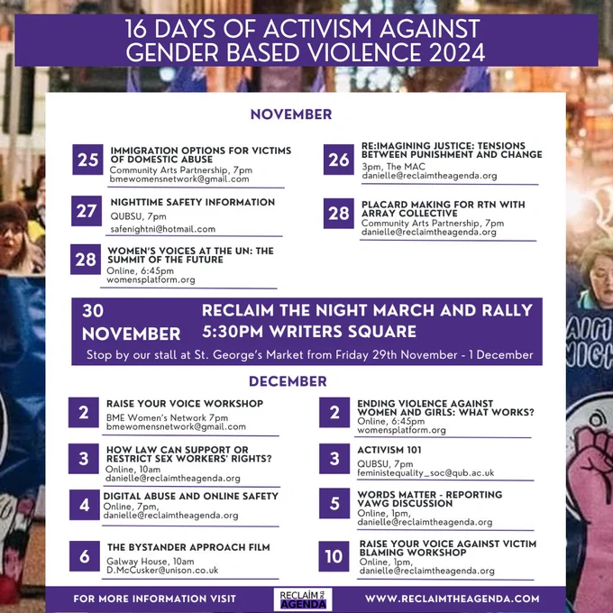 An overview of events running for 16 days, for plain text please visit https://www.reclaimtheagenda.com/16-days-of-activism-on-gender-based-violence-2024-events