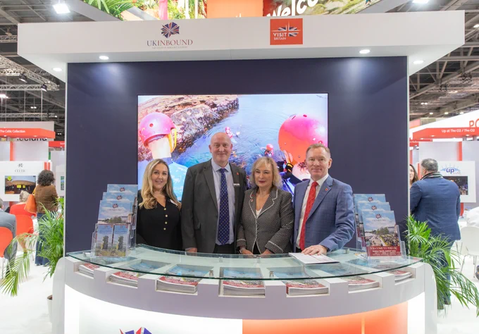 Tourism Minister Sir Chris Bryant visits WTM London welcomed by UKinbound CEO Joss Croft OBE and VisitBritain/VisitEngland CEO Patricia Yates. Credit: Patrick Balls