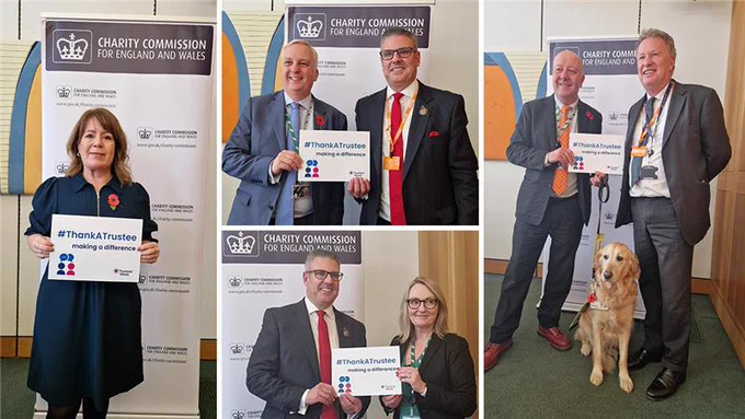Holding signs saying '#ThankATrustee making a difference': Steve Darling MP, Daniel Francis MP, Jo Platt MP, Mary Kelly Foy MP, Orlando Fraser KC, David Holdsworth.