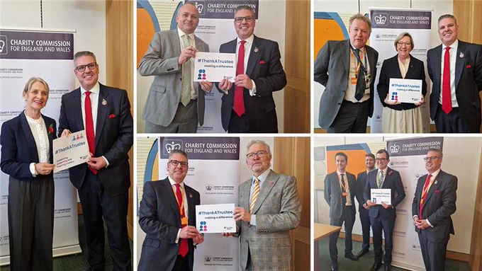 Holding signs saying "#ThankATrustee making a difference": Peter Dowd MP, Neil Coyle MP, Samantha Dixon MP, Patrick Spencer MP, Vera Hobhouse MP, David Holdsworth, Orlando Fraser KC.
