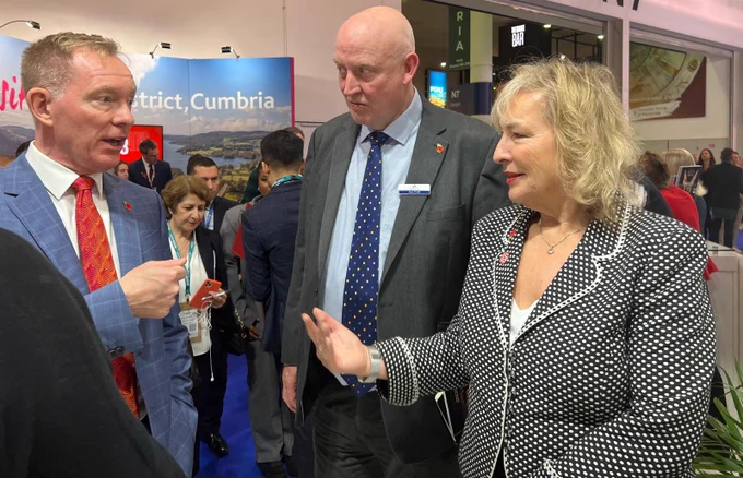 Tourism Minister Sir Chris Bryant meets with UKinbound CEO Joss Croft  OBE and VisitBritain/VisitEngland CEO Patricia Yates at WTM London 2024