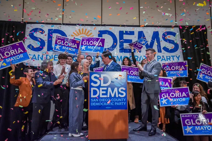 Supporters of San Diego Mayor Todd Gloria celebrate at the Westin Hotel in downtown San Diego, California on Election Day, Tuesday, Nov. 5, 2024. / Photo by Vito di Stefano for Voice of San Diego
