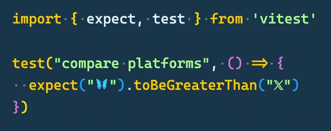 A code snippet: import { expect, test } from 'vitest', test compare platforms, expect butterfly emoji to be greater than X emoji