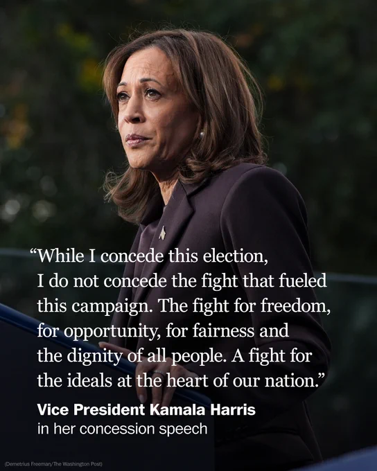 "While I concede this election, I do not concede the fight that fueled this campaign. The fight for freedom, for opportunity, for fairness and the dignity of all people. A fight for the ideals at the heart of our nation," Vice President Kamala Harris said in her concession speech at Howard University on November 6, 2024. Photo by Demetrius Freeman for The Washington Post.

