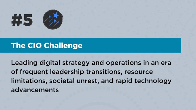 Grey background with blue star illustration icon. TEXT: #5 The CIO Challenge - Leading digital strategy and operations in an era of frequent leadership transitions, resource limitations, societal unrest, and rapid technology advancements
