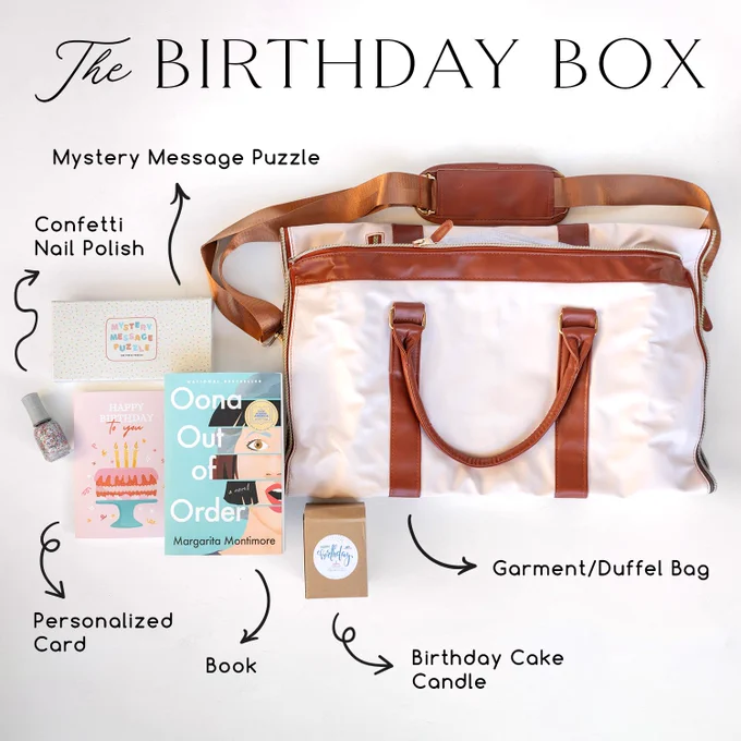 Birthday Box - mystery message puzzle, confetti nail polish, personalized card, book, candle, bag