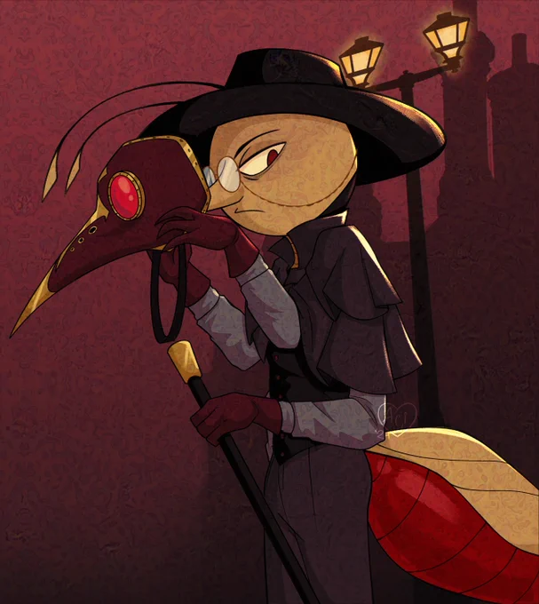 An illustration of an anthro mosquito man wearing a plague doctor's outfit.