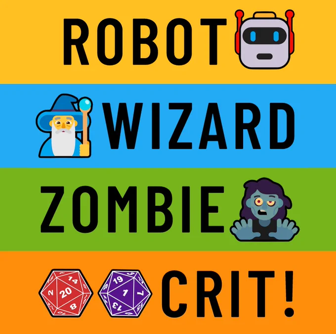 Robot Wizard Zombie Crit! newsletter graphic. Features the title, along with emoji-style depictions of a robot, wizard, zombie, and a pair of twenty-sided dice.