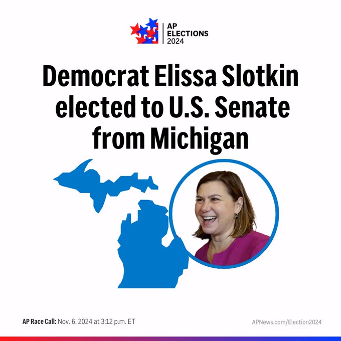 Democrat Elissa Slotkin elected to U.S. Senate from Michigan. 