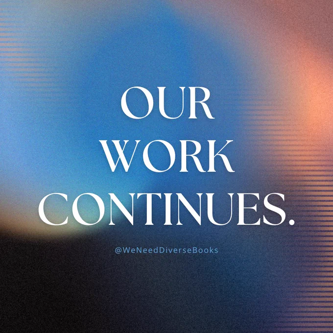 A blue and orange graphic with bold white text that says, “ Our work continues.”